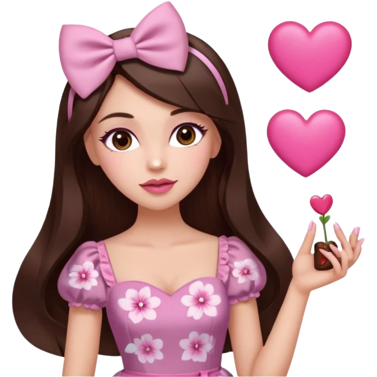 Chocolate brown clothes emoji, inspired with brunette hair, brown eyes, long hair, heart shape lips and pink make up  and pink nails, mauve pink blush and floral pink dress, half up hair with white bow peaking on the sides, white heels  emoji