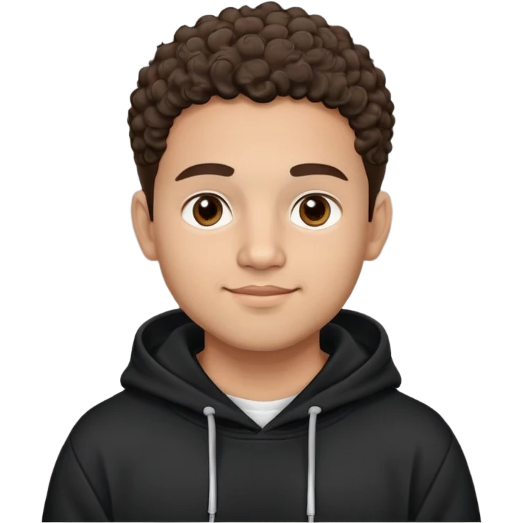 Latino man with light brown warm skin, round face, full cheeks, soft jaw, slight friendly smile, very short fade haircut, curly on top, medium eyebrows, medium eyes, straight nose, medium lips, black hoodie with white logo, practical and hardworking vibe emoji