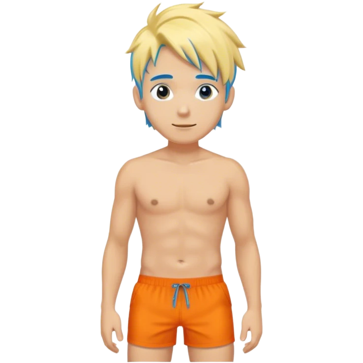 hot blond handsome 30 years  Man in orange swimming shorts with blue hair emoji