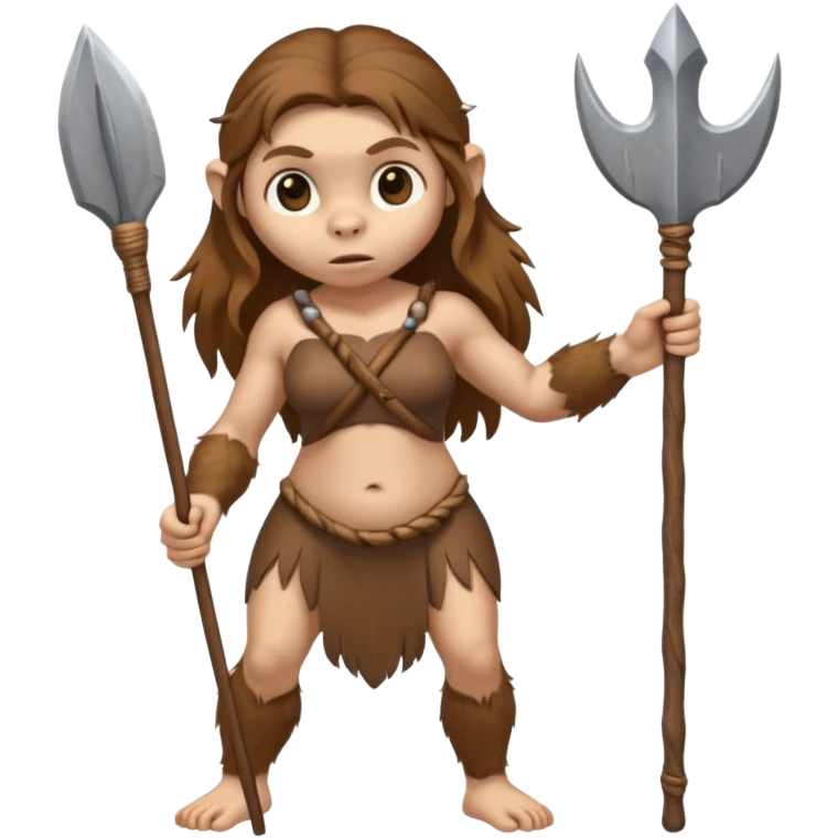 female monkey Neanderthal, buxom, human face, long hair, holding a spear, fullbody emoji