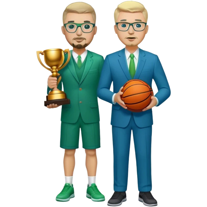 Full Body white male plus size wearing glasses with a goatee with light blonde and gray very short hair basketball head Coach in blue and green suit holding trophy emoji