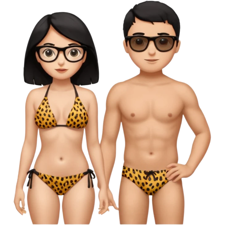 black haired girl with big boobs with shades on... wearing a cheetah print bikini standing with a boy with black hair wearing glasses and shirt less emoji