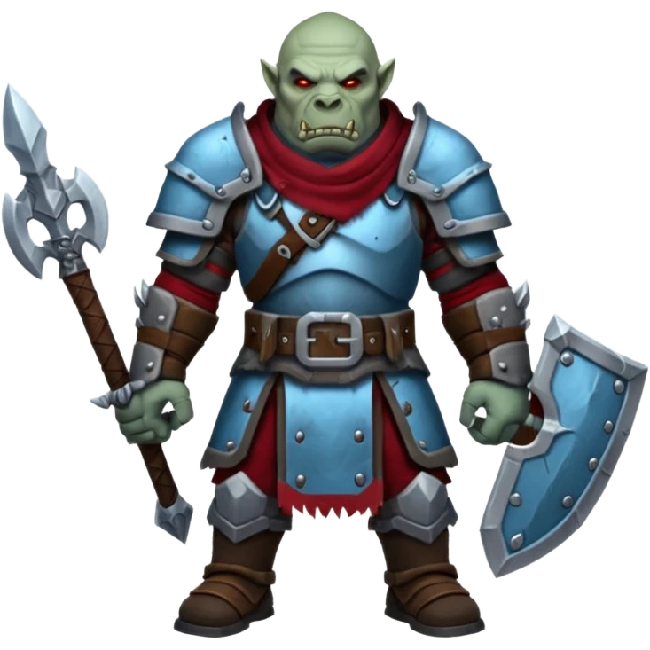 
Fantasy Christmas orc legion soldier icon, iron tundra army theme, heavy winter armor, disciplined brutal look, icy blue steel armor with deep crimson accents, frozen metal texture, cold winter atmosphere, male variant emoji