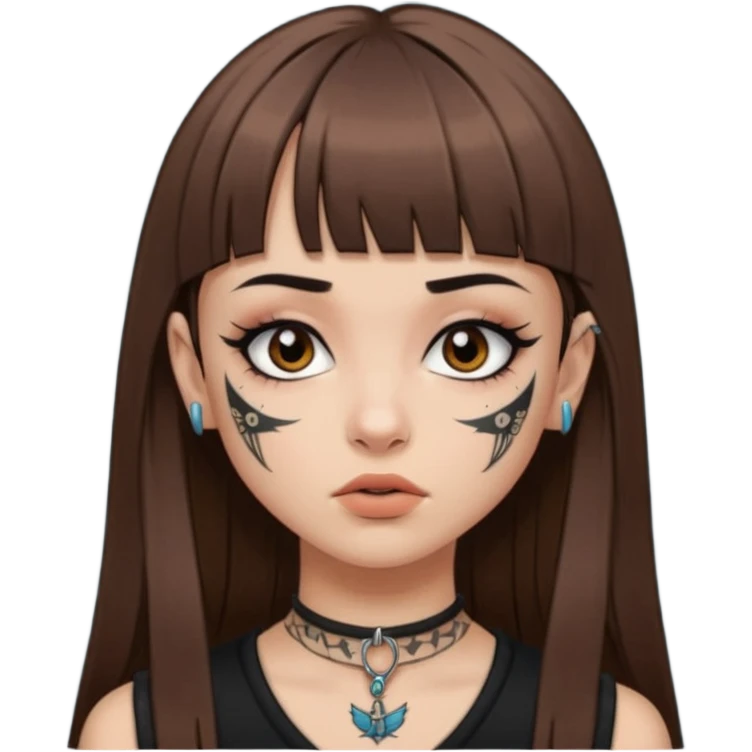 Alternative girl with long straight brown hair and micro bangs and a throat tattoo emoji