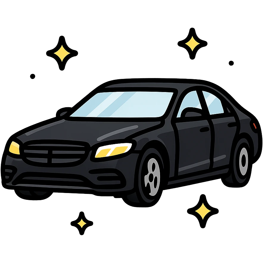 full body high-end luxury car icon, glossy black with multiple small sparkling stars and strong mirror-like reflections, impeccable perfectly clean finish, modern and clean style emoji