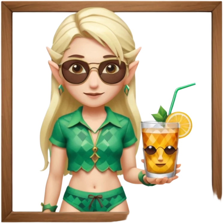 elf female legolas portrait, patterned board shorts (geometric/abstract), unique wooden-framed sunglasses, undercut hairstyle, slight smirk, visible pointy ears, no background, centered emoji, hipster summer vibe coctails  emoji