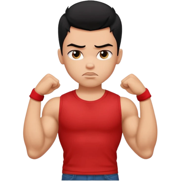 a pretty bratz boy with black hair and a red tshirt, big biceps looking sad emoji