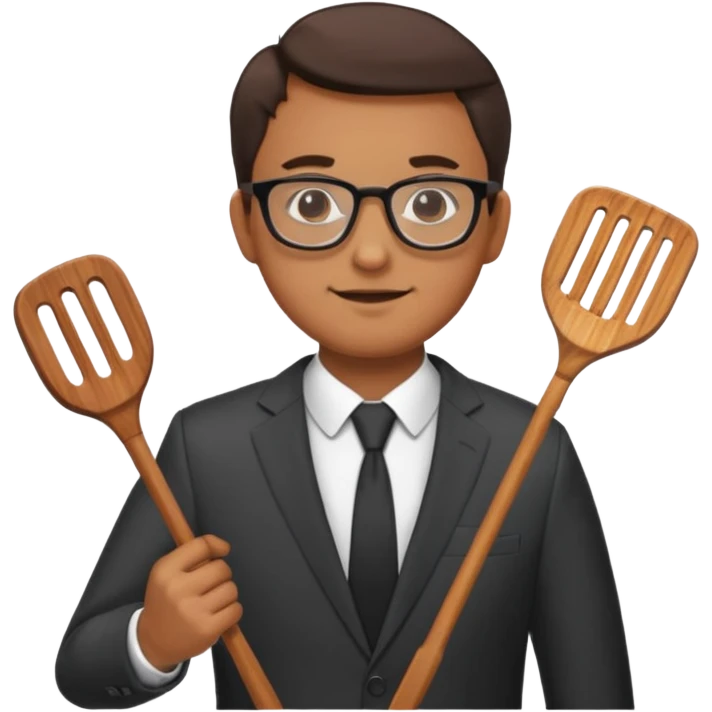 man with glasses wearing a suit and holding a grilling spatula emoji