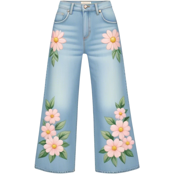 light wash denim wide leg jeans with pastel flowers painted on them emoji