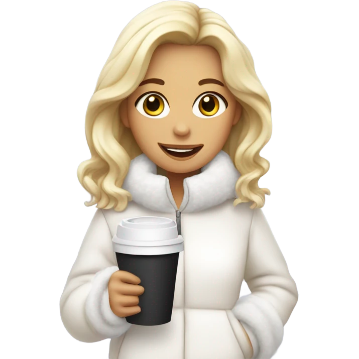 blonde girl wearing white fluffy jacket and a coffee to go in hand all dress white emoji