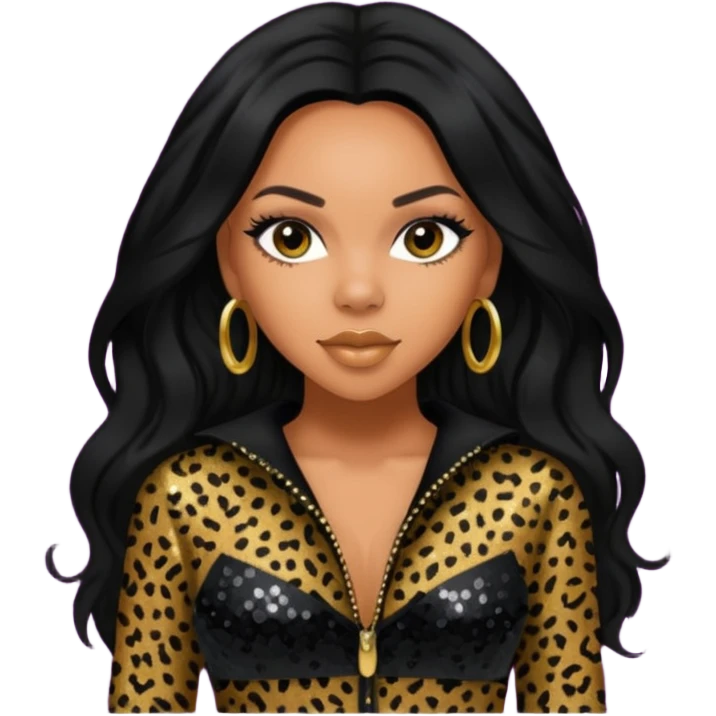 Kiely Williams from 3lw/Cheetah Girls with long jet black hair, black sequin outfit emoji