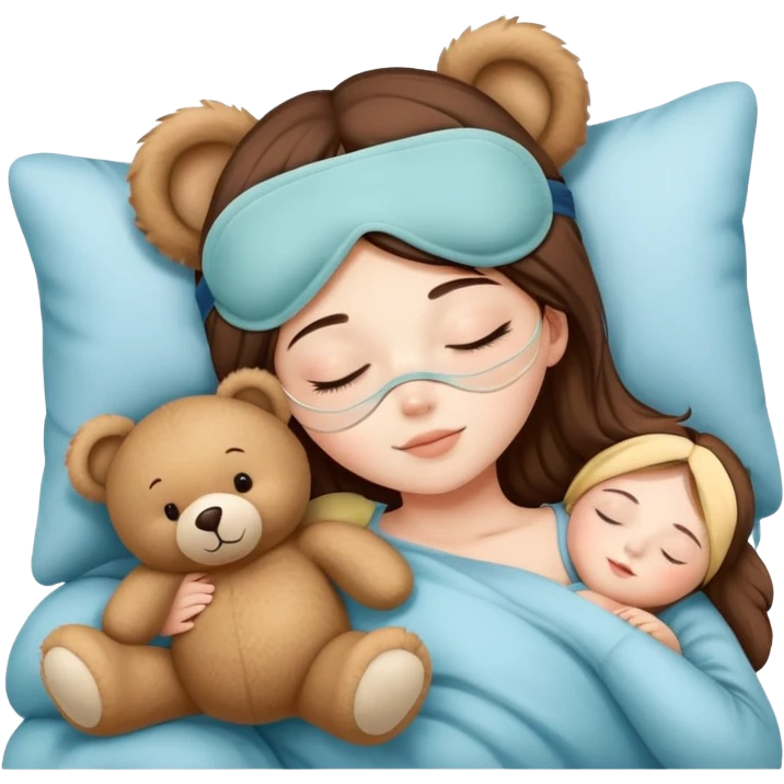 A girl Wearing a cute sleep mask is sleeping with a teddy emoji