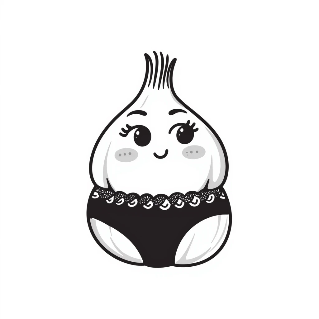 doodle style drawing of a garlic bulb with feminine features and lacy panties, hand-drawn look emoji