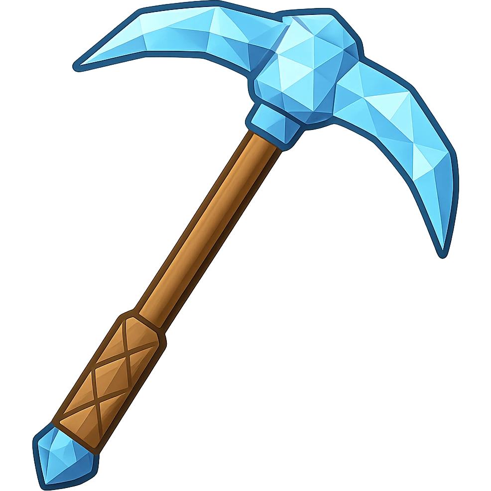Transform this steel pickaxe into a diamond pickaxe with blue crystalline faceted tips, matching the diamond chainbody style, in the style of emoji. Transparent background. emoji