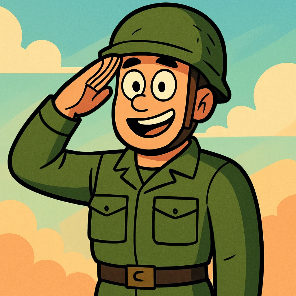 cartoon soldier, military uniform, helmet, saluting, vibrant colors, clean lines emoji