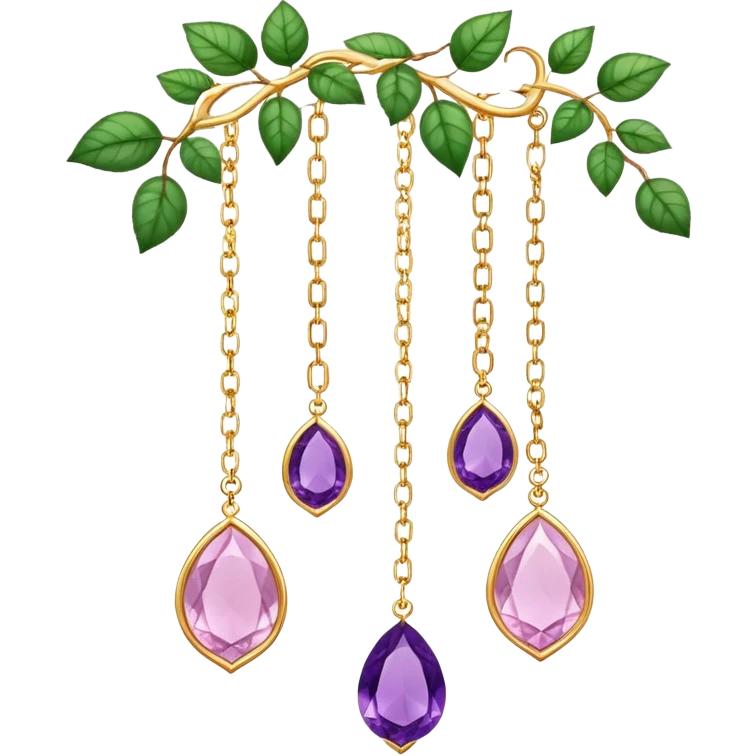 Hanging suncatcher, gold chains with shiny sparkly amethyst and rose-quartz gemstones, flowers, beautiful leaves, gorgeous aesthetics emoji