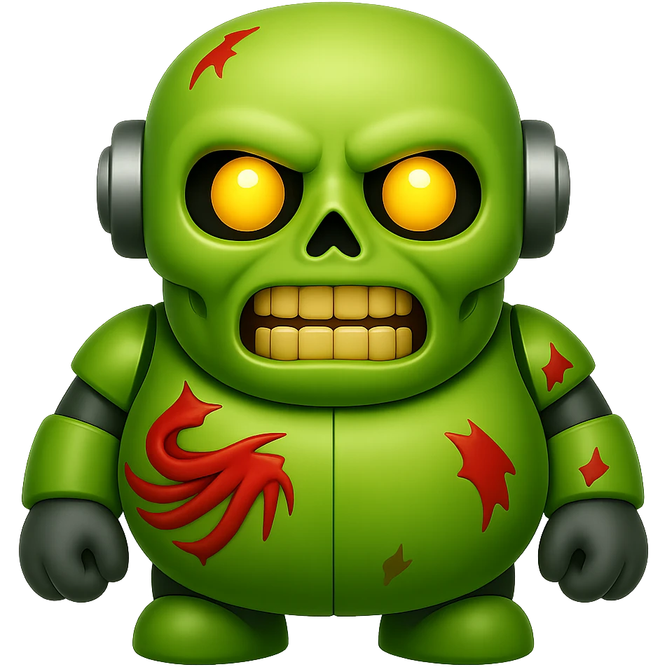 Create a head-on, straight front view of a fat zombie robot terminator character in the style of Apple emojis with a glossy, smooth finish and no background. The style should replicate the Apple emoji look precisely. emoji