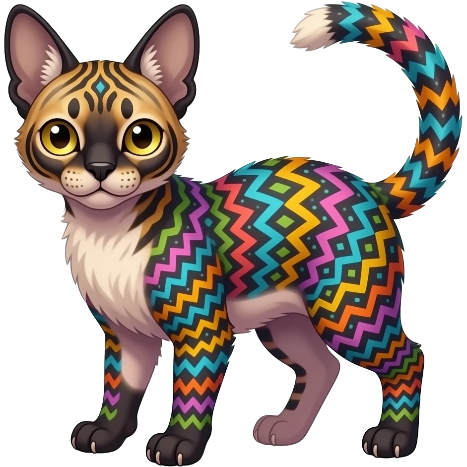 A Colorful exotic tropical tribal cute happy realistic esoteric patterned fluffy furry dark caracal-Lykoi-bobcat-sphynx-genet-serval-Fakémon-fursona-hybrid-fusion-animal-creature, full body, 4-legged emoji