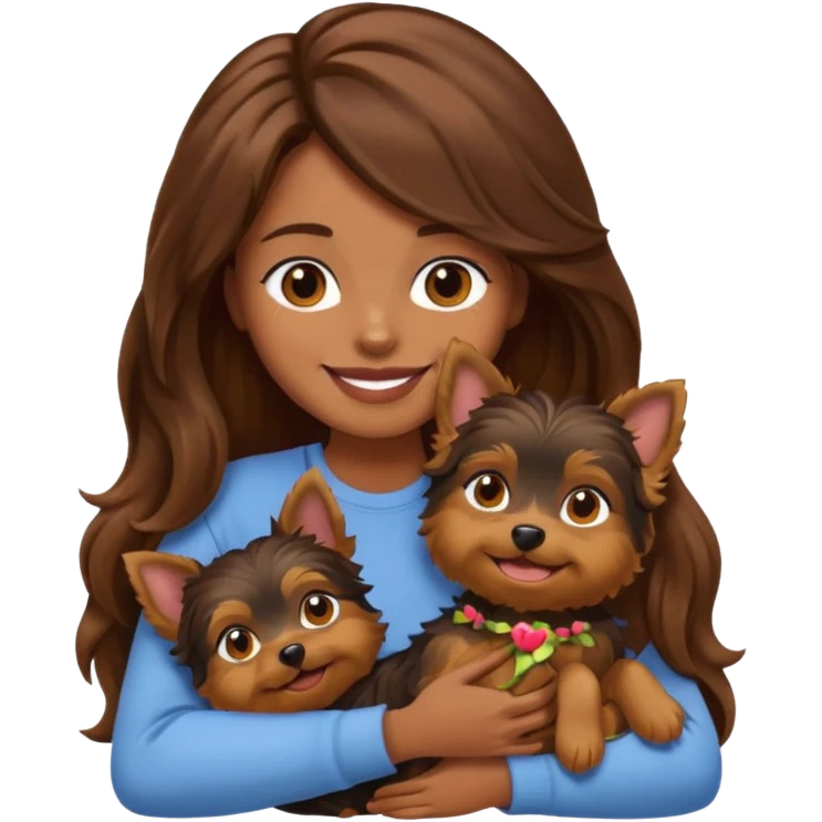 a woman with long wavy brown hair cuddling a Yorkshire Terrier, emoji style emoji