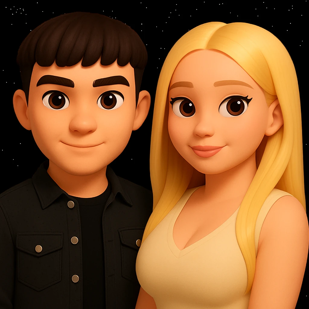 Make the upper body of the girl slightly more voluminous, very delicately, without touching the boy, preserving the original style and proportions. emoji