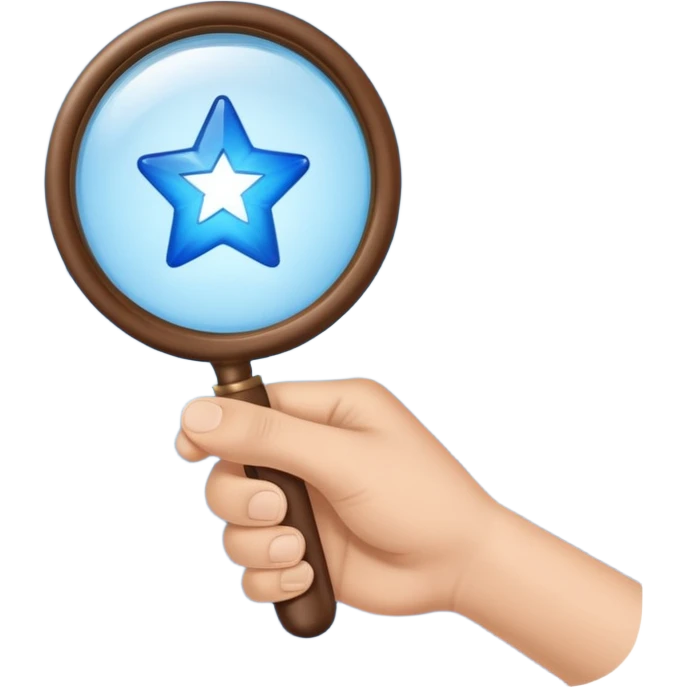 A simple blue left hand holding a magnifying glass which is showing blue stars emoji