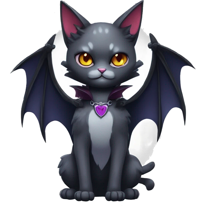  cool edgy kawaii ethereal dark-punk-themed animal vampiric cat-hybrid Fakemon with fangs and bat-wing-ears with a collar full body emoji