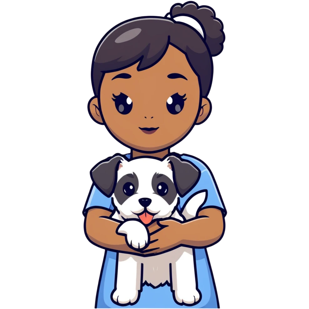Black girl with short bangs holding a white schnauzer puppy emoji