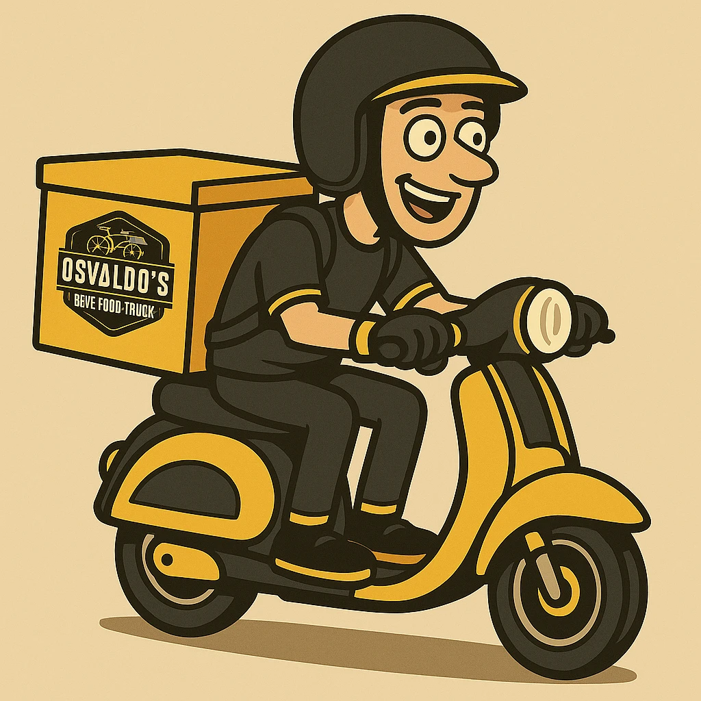 Create a sticker in the same cartoon style as the motoboy cartoon references. Use the brand colors black, yellow, and white. Add the Osvaldo's logo on the thermal box and/or the motorcycle. Maintain the cartoon style and overall look of the original images. emoji