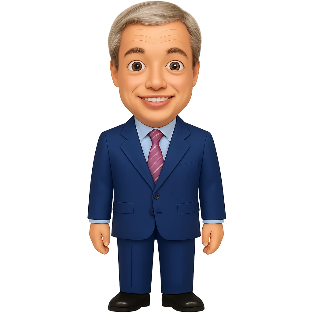 Create a full body figure of Nigel Farage smiling and standing as an emoji with a transparent background. Maintain the style and essence of the original emoji. emoji