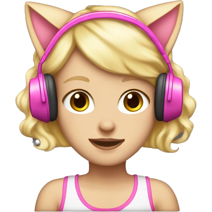 white girl with blonde hair wearing pink headphones that have cat ears emoji