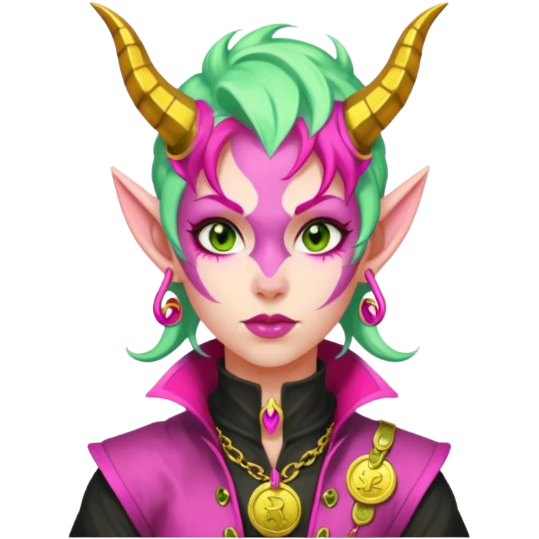 A D&D tiefling with pale green skin and hot pink hair. She is a rouge and is obsessed with gold emoji