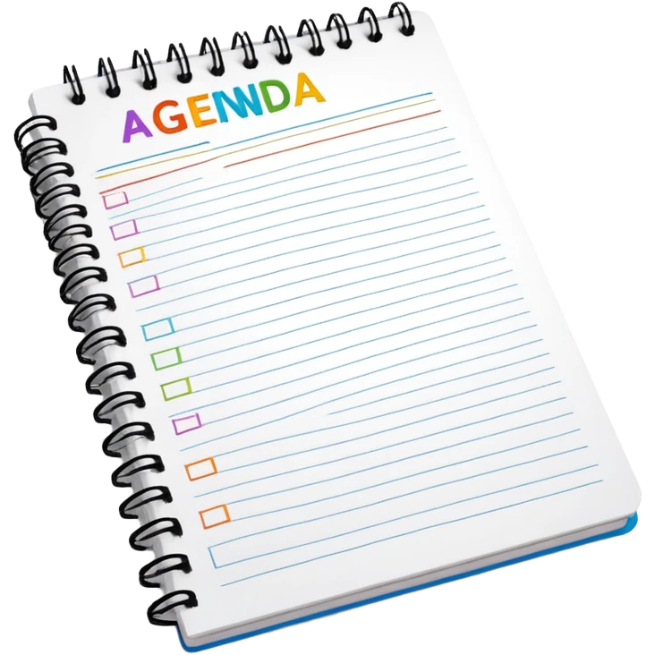 A colorful spiral notebook with 'AGENDA' at the top and bullet point items below it emoji