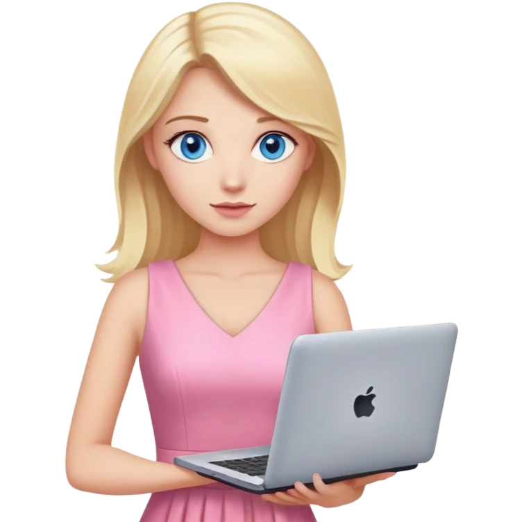 Blonde pinup woman with blue eyes, with a pink dress, holding a laptop in her hands emoji