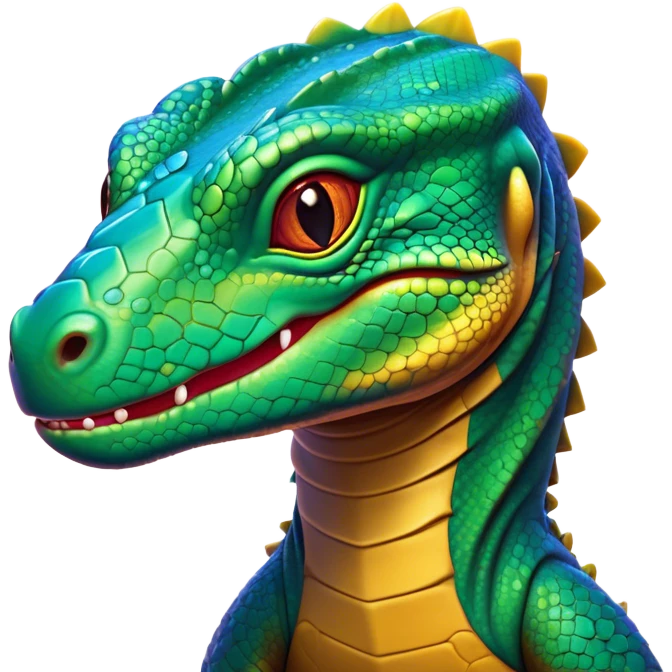 Cinematic Cute Komodo Dragon Lizard Portrait Emoji, Head tilted playfully and inquisitively, with a sleek, scaled form accented by vibrant hues and curious, sparkling eyes, Simplified yet irresistibly adorable features, highly detailed, glowing with a warm, lively glow, high shine, affectionate and spirited, stylized with a touch of exotic charm, bright and endearing, soft glowing outline, capturing the essence of a mischievous yet captivating lizard that seems poised to scurry out of the screen into your heart! emoji