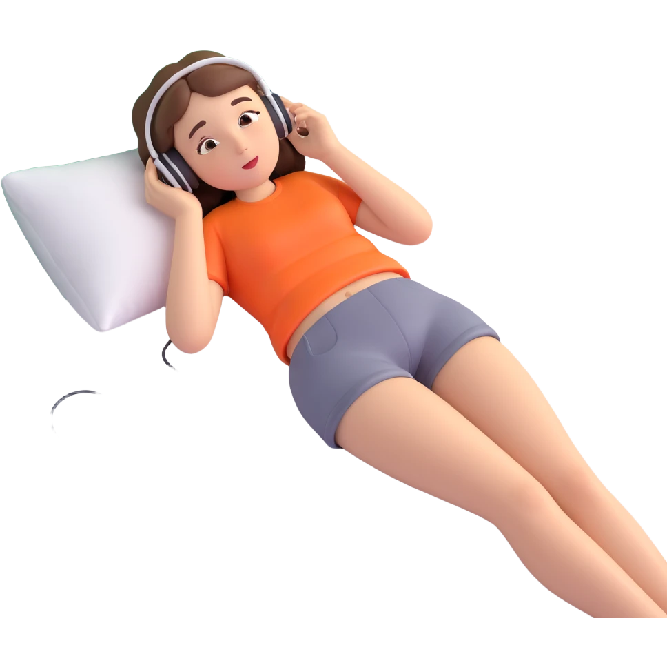 girl lying on bed comfortably listening to music with wired earphones emoji