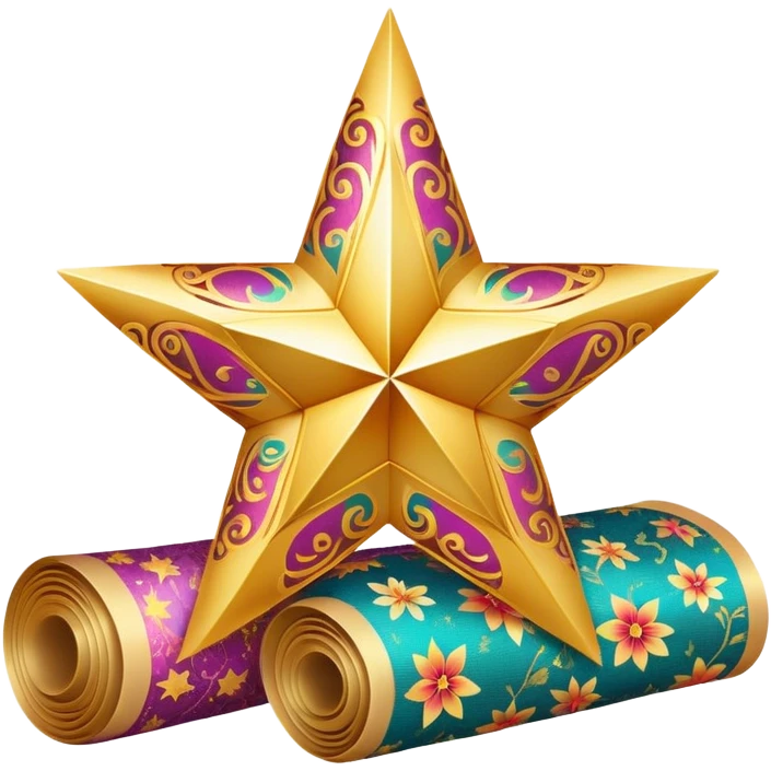 simple composition of a glowing sparkle or star shape in foreground with only a roll of patterned fabric behind it, no faces emoji