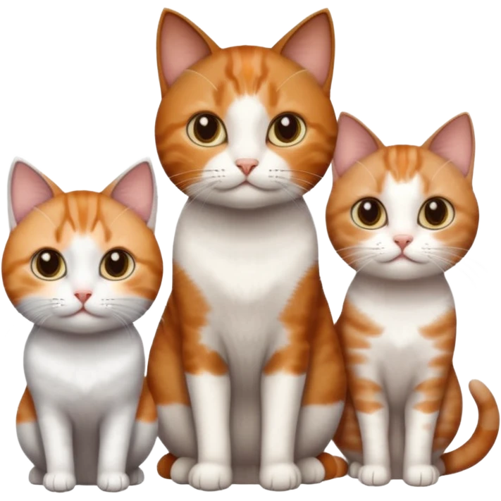 3 different coloured tiny short haired cats, including a dark brown tabby and white cat, and a dark grey and white and a ginger and white emoji