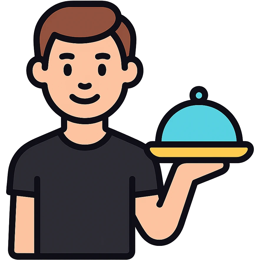 A guy waiter in a black T-shirt with a tray in his hand emoji