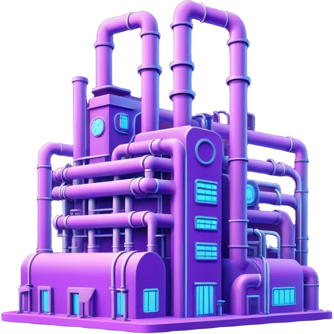AI-powered factory. It should be a building with pipes. Add violet neon glowing symbolizing power of AI emoji