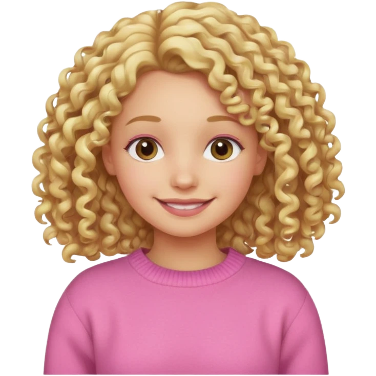 smiling girl with curly blond hair and a pink sweater emoji