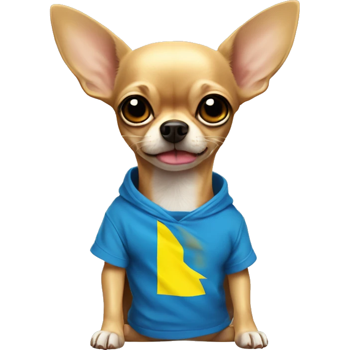 a small chihuahua in a huge t-shirt in the colors of the Ukrainian flag pressed its ears and shook with fear emoji