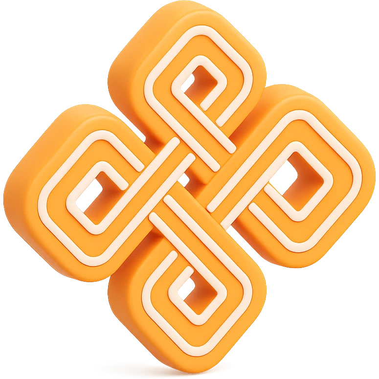 Create a karma symbol with an endless knot design featuring intricate interwoven lines. The style should be 3D rose gold metallic with realistic shine and depth, icon-like and balanced. The background should be transparent with no background. emoji