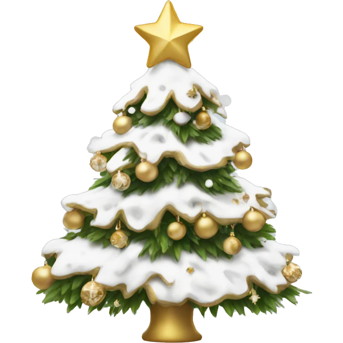 snow christmas tree with white and gold decorations emoji