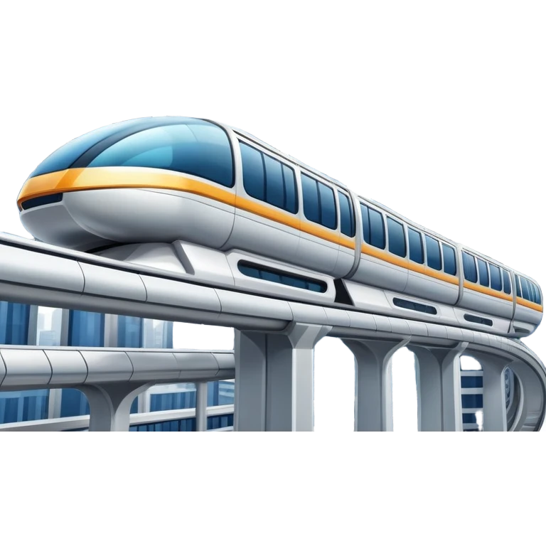 Futuristic monorail train curving above a cityscape with tall buildings emoji