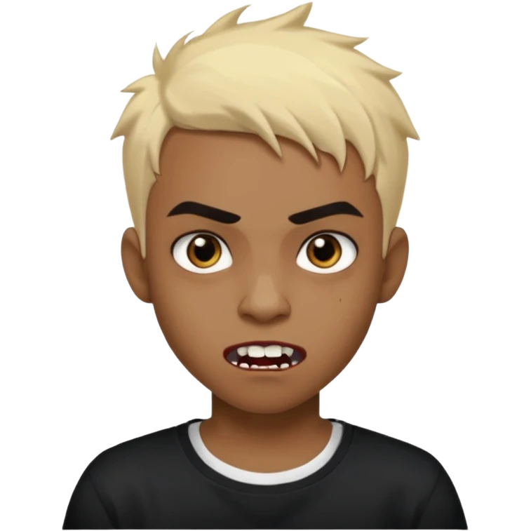 Black Male Teenager with Short punk messy blonde hair, Dark brown bushy eyebrows large expressive golden-brown eyes, wearing a plain white t-shirt, Dark Brown skin color. vampire tooth emoji
