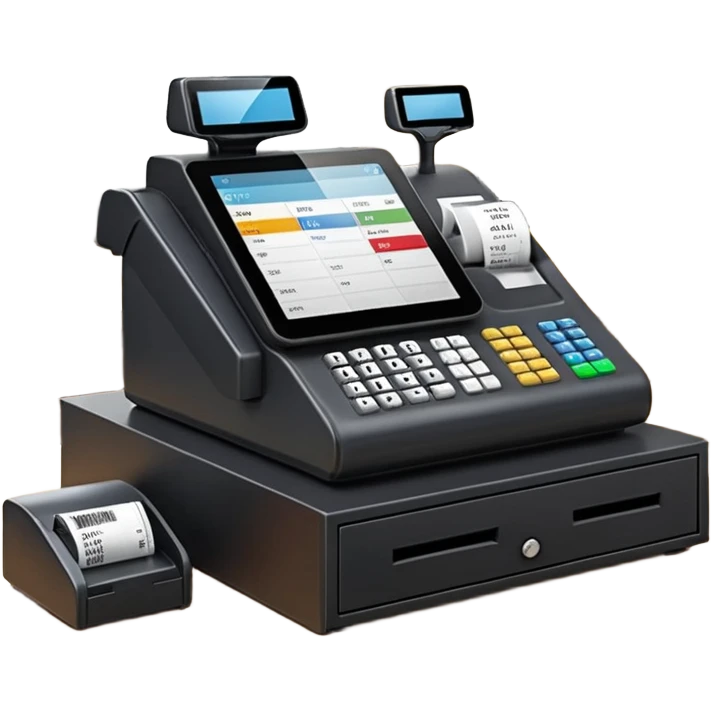 Modern shop cash register on a retail counter, ultra-realistic, 4K, photorealistic POS touchscreen, receipt printing, barcode scanner and card terminal, soft indoor lighting, realistic reflections and shadows, sharp focus, cinematic depth of field, professional photography. emoji