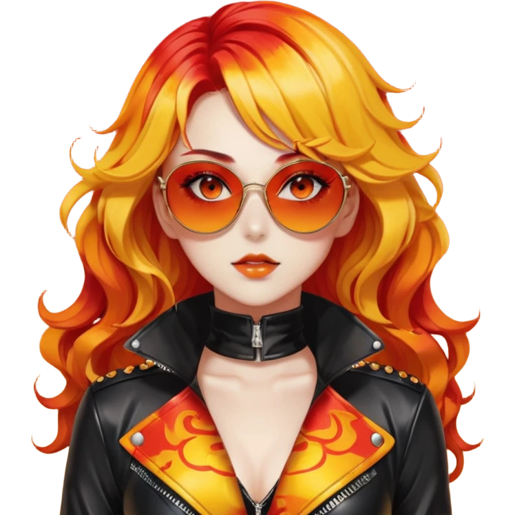 Beautiful gorgeous anime lady with beautiful fiery fiery-warm-red-orange-yellow-gradient-wavy-special-hair, fashion aesthetic, black sunglasses, accessories, gold jewelries, red-and-yellow sunny-pattern-eyes, black latex-suit, biker-woman, cool, badass emoji