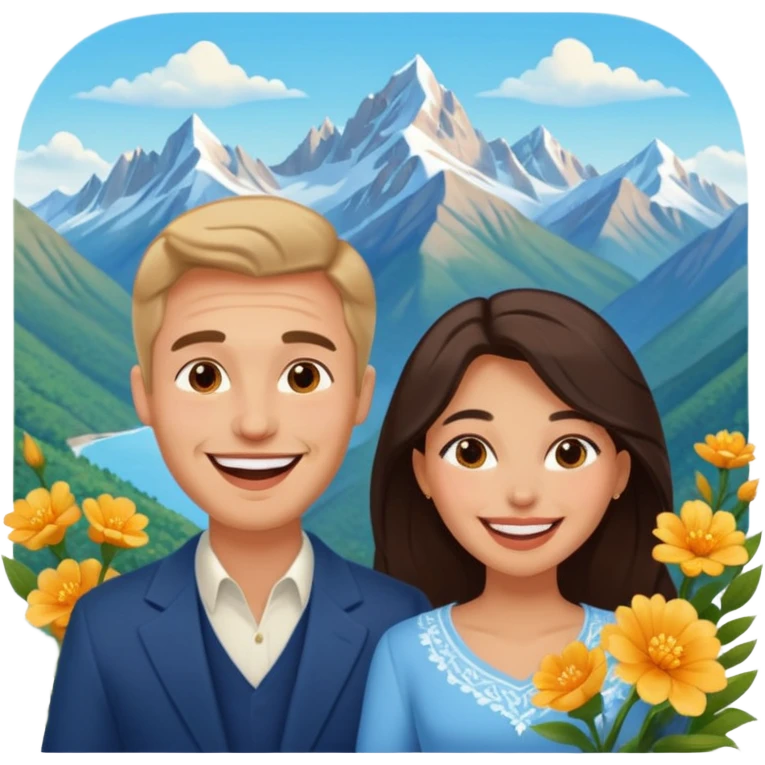 Couple  laughing traveling russian man and elegant  Latina girl delicate flowers and mountains in the background  emoji