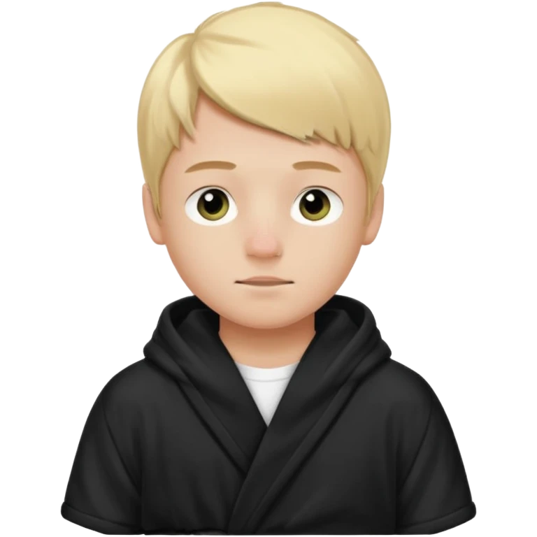 Create a blond boy with long, messy hair, light eyes, a white t-shirt, rich, with long hair, blue eyes, medium-length, voluminous hair, wearing a black Nike bathrobe and a little blush near his nose. and with a balaclava like a ninja emoji