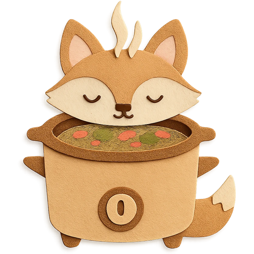 soft beige slow cooker fox, simmering soup, cute sleepy expression, full-body emoji